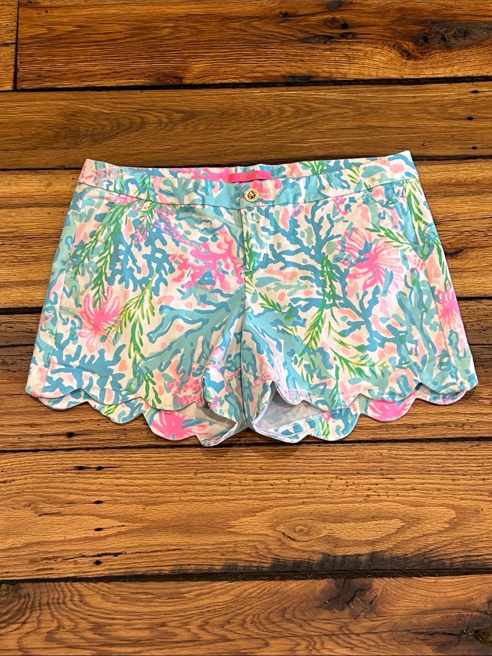 EUC Coastal Summer Lilly Pulitzer Coral Bay Buttercup Scallop Shorts Size 14